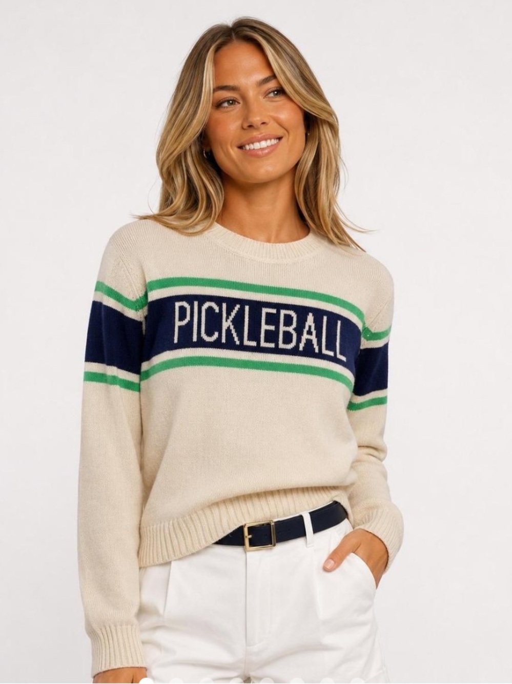 NWT Alashan Pickleball Cashmere Crewneck Sweater with Navy & Green Stripes Mediu